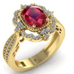 Inel art deco cu rubin oval 7x5 mm si diamante din aur galben ES258