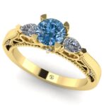 Inel logodna cu 3 pietre diamant albastru si diamante incolore aur ES273