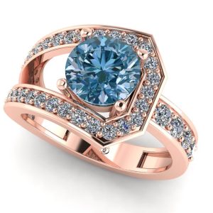 Inel model logodna fashion cu diamant albastru si diamante din aur roz ES308