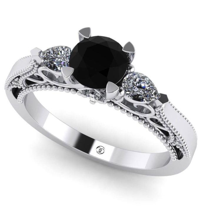 Inel din aur alb 585 de logodna cu diamant negru si diamante ES273