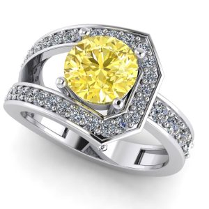 Inel logodna cu diamant galben si diamante albe din aur 18k ES308