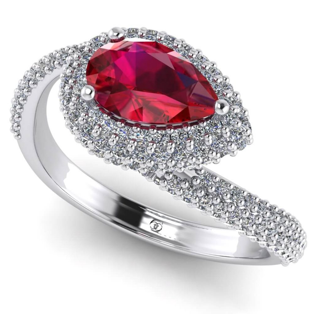 Inel cu rubin natural lacrima calitatea AAA si diamante din aur ES392