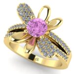 Inel din aur galben de logodna cu diamant roz si diamante ES224