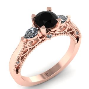Inel aur roz de logodna cu diamant negru si diamante incolore rotund de logodna ES273