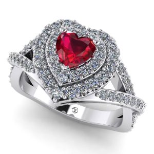 Inel cadou cu rubin inima si 2 randuri de diamante din aur ES305