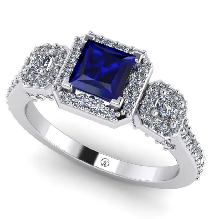Inel din aur de logodna cu 3 pietre patrate. Safir albastru patrat 4 mm Cod produs ES337