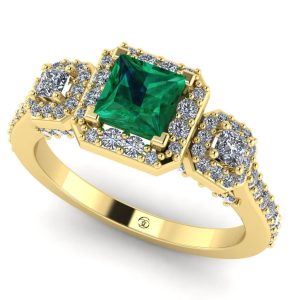 Inel cu 3 pietre patrat smarald si diamante din aur galben logodna ES337