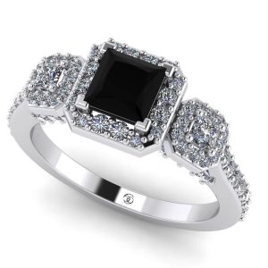Inel cu diamant patrat negru si diamante albe de logodna din aur ES337