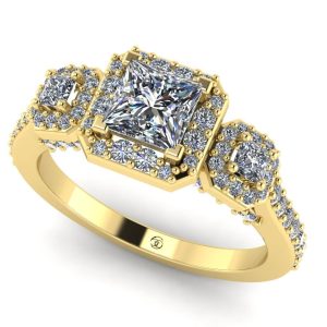 Inel de logodna cu 3 diamante patrat certificat GIA din aur galben ES337