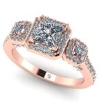Inel cu 3 diamante patrate din aur roz halo triologie ES337