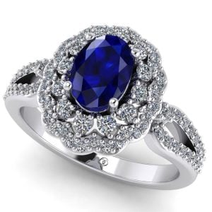 Inel halo regal cu safir albastru si diamante aur logodna ES355