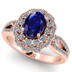Inel halo regal cu safir albastru si diamante aur roz logodna ES355
