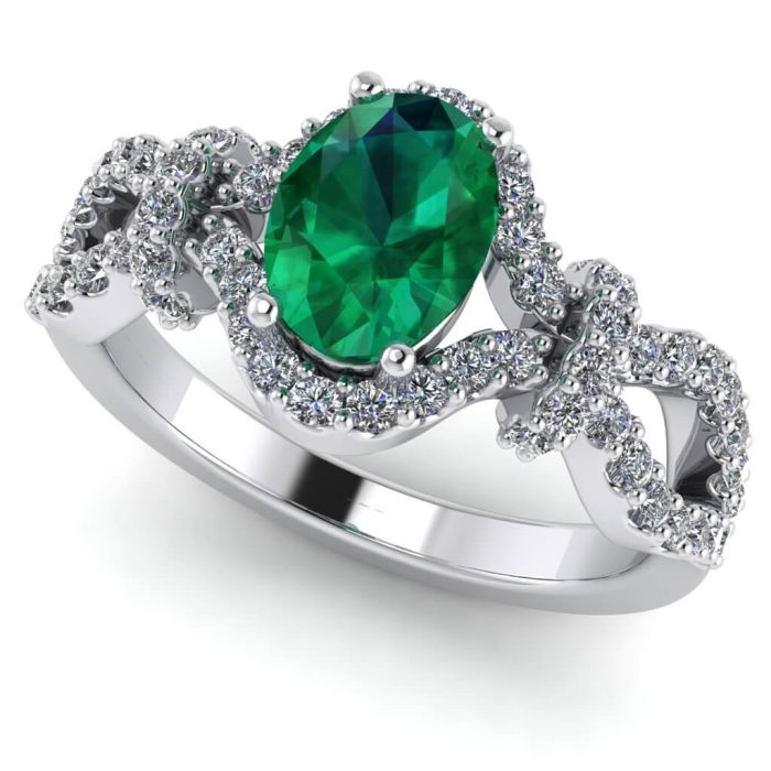 Inel cu smarald 7x5 mm si diamante din aur alb 18k de logodna ES376