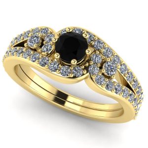 Inel cu diamant negru si diamante incolore din aur galben de logodna ES372