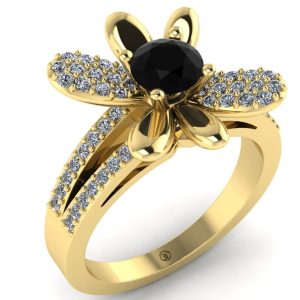Inel cu diamant negru si diamante din aur 18k floare ES224