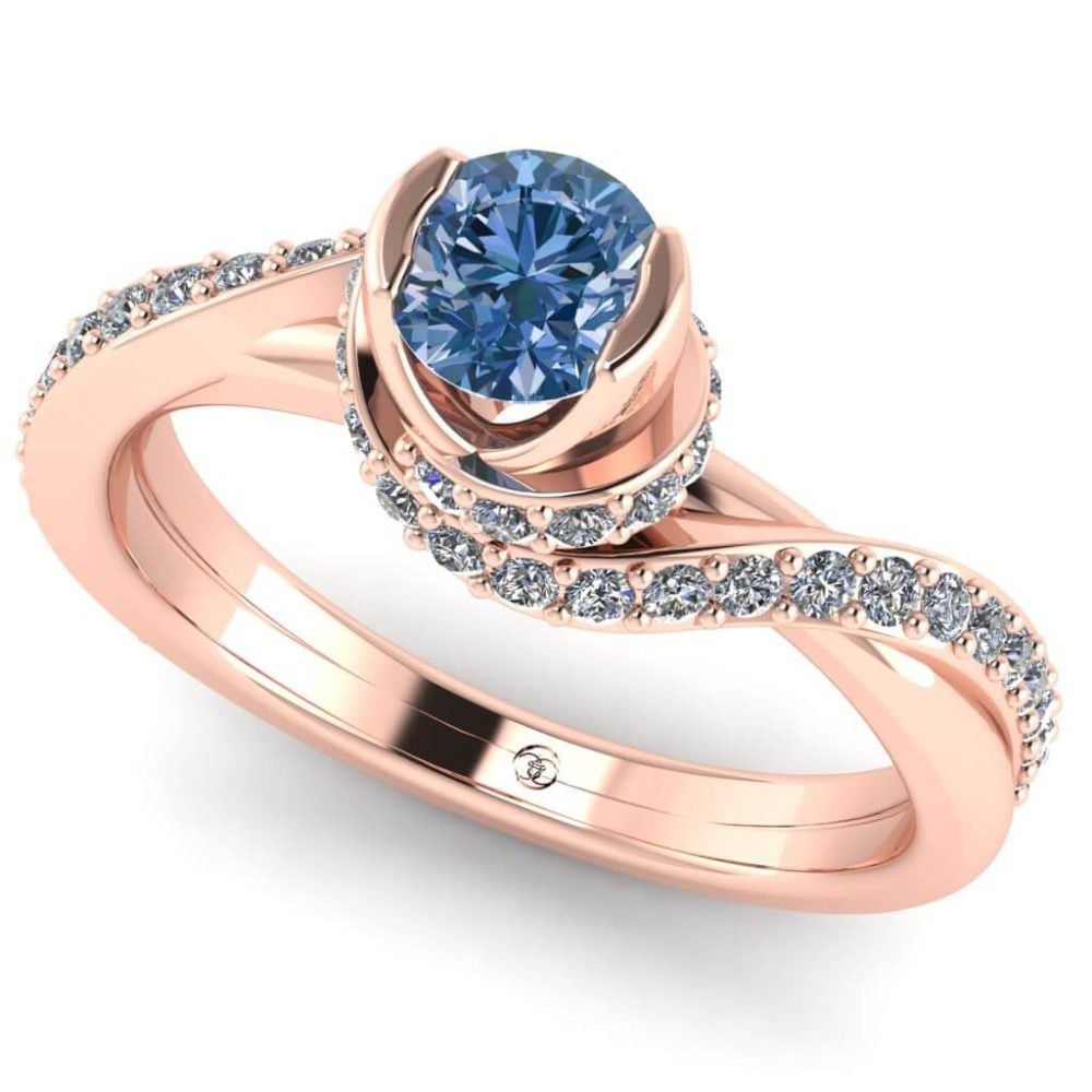 Inel diamant albastru si diamante model rasucit aur logodna ES358