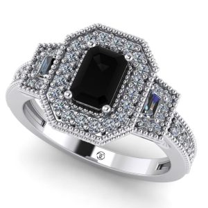 Inel cu diamant negru 0.70 carate si diamante baqutte din aur alb ES298