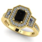 Inel cu diamant emerald negru si diamante din aur galben de logodna ES298