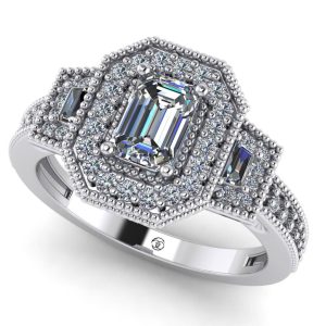 Inel cu diamant emerald cu 3 diamante din aur alb ES298