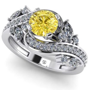 Inel de logodna cu diamant galben si diamante din aur alb ES341