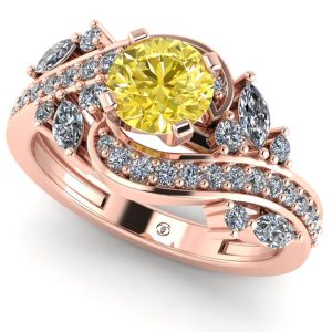 Inel aur roz cu diamant galben rotund 0.40 ct si diamante incolore de logodna ES341