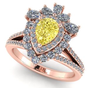 Inel cu diamant lacrima galben si diamante fancy din aur roz 1k de logodna ES378