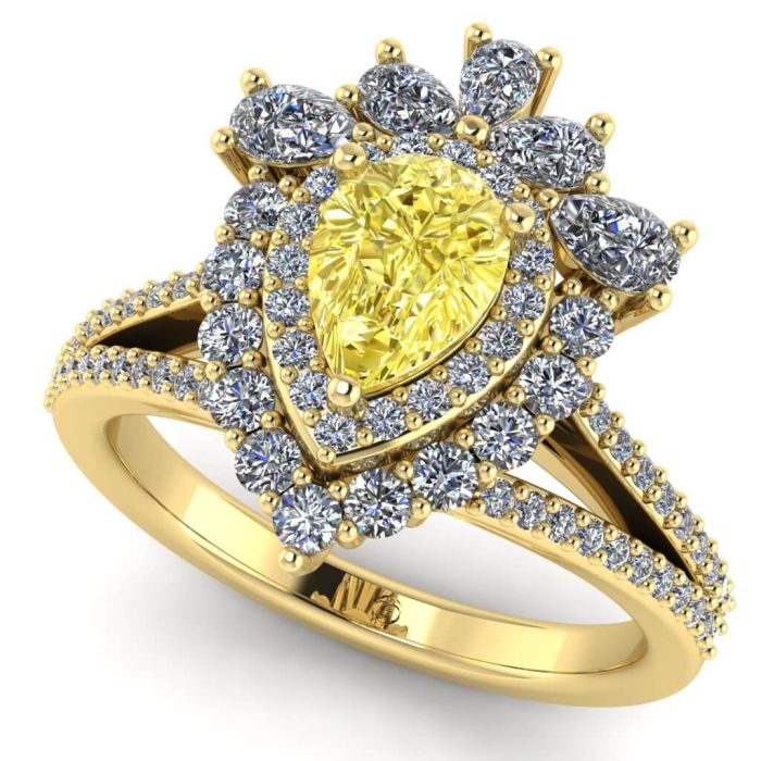 Inel de logodna din aur 18k galben cu diamant galben si diamante lacrima naturale ES378