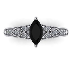 Inel cu diamant marquise negru si diamante vintage de logodna ES306