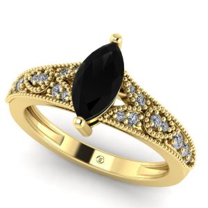 Inel cu diamant marquise negru 1 carat si diamante din aur galben ES306
