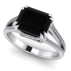 Inel cu diamant negru dreptunghiular si diamante aur alb 18k ES401