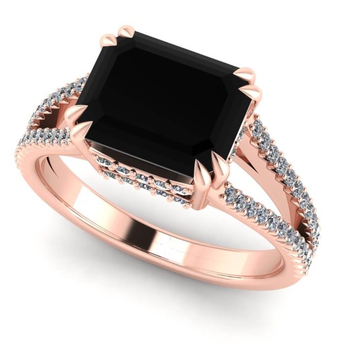 Inel cu diamant negru dreptunghiular si diamante aur 18k roz ES401