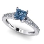 Inel cu diamant patrat albastru si diamante aur titlu 750 de logodna ES310