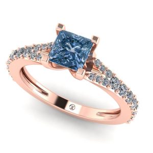 Inel cu diamant patrat albastru si diamante albe din aur roz de logodna ES310