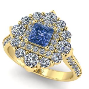 Inel cu diamant patrat albastru si diamante din aur anturaj regal ES395