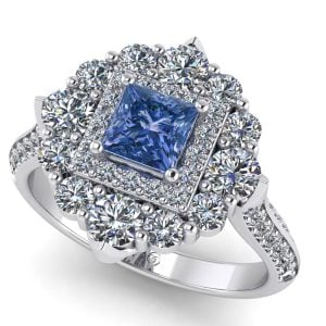 Inel cu diamant patrat albastru si diamante din aur model regal ES395