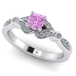 Inel cu diamant roz 0.30 carate si diamante model floare de logodna ES334