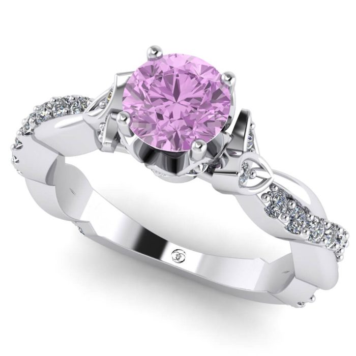 Inel cu diamant roz de logodna din aur alb model floral ES336
