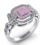 Inel cu diamant roz si diamante model pave halo din aur ES290