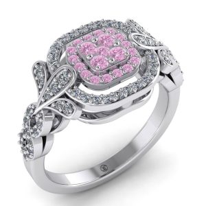 Inel cu diamant roz si diamante model pave halo din aur ES290