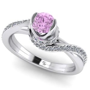Inel cu diamant roz si diamante din aur alb 14k de logodna ES358