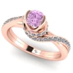 Inel cu diamant roz si diamante rasucit in spirala din aur de logodna ES358