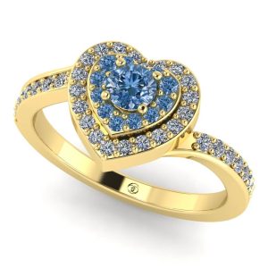 Inel cu diamant albastru si diamante pave model inima aur galben ES399