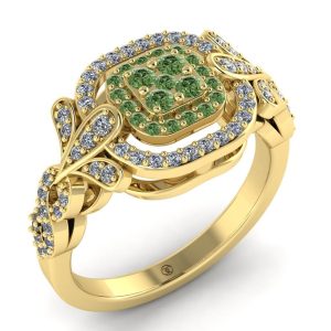 Inel cu diamante verzi si diamante incolore din aur galben 14karate model floral ES290