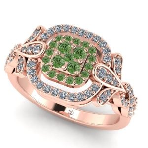 Inel cu diamante verzi si diamante albe din aur roz de logodna ES290