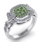 Inel cu diamante verzi si diamante incolore rotund din aur alb model floral ES290
