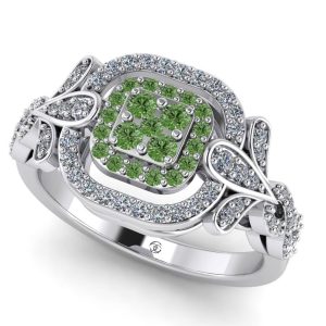 Inel cu diamante verzi si diamante model pave halo din aur alb ES290