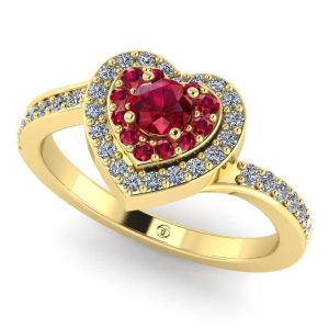 Inel logodna cu rubin si diamant din aur galben model halo inima ES399