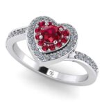 Inel cu rubin si diamante forma inima din aur alb de logodna ES399