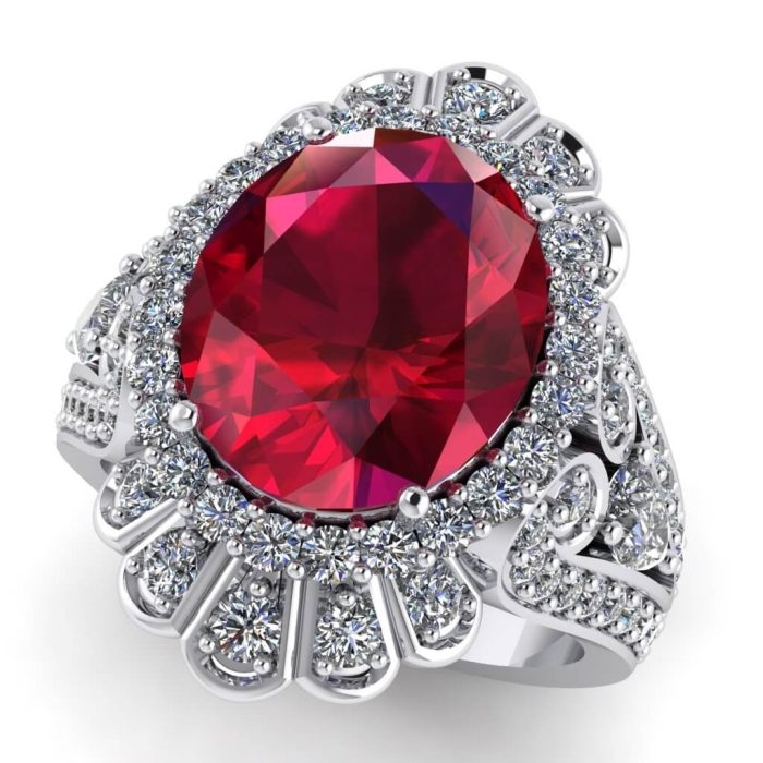 Inel cu rubin oval si diamante din aur alb 18K ES360