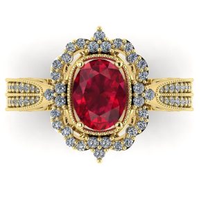 Inel cu rubin oval si diamante model vintage halo din aur galben logodna ES258